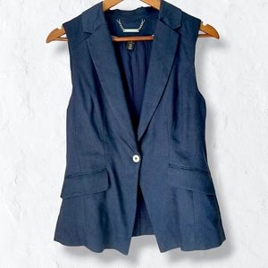 WHBM Navy Blue Linen Blend Dobby Vest w/ Pockets Sz 2